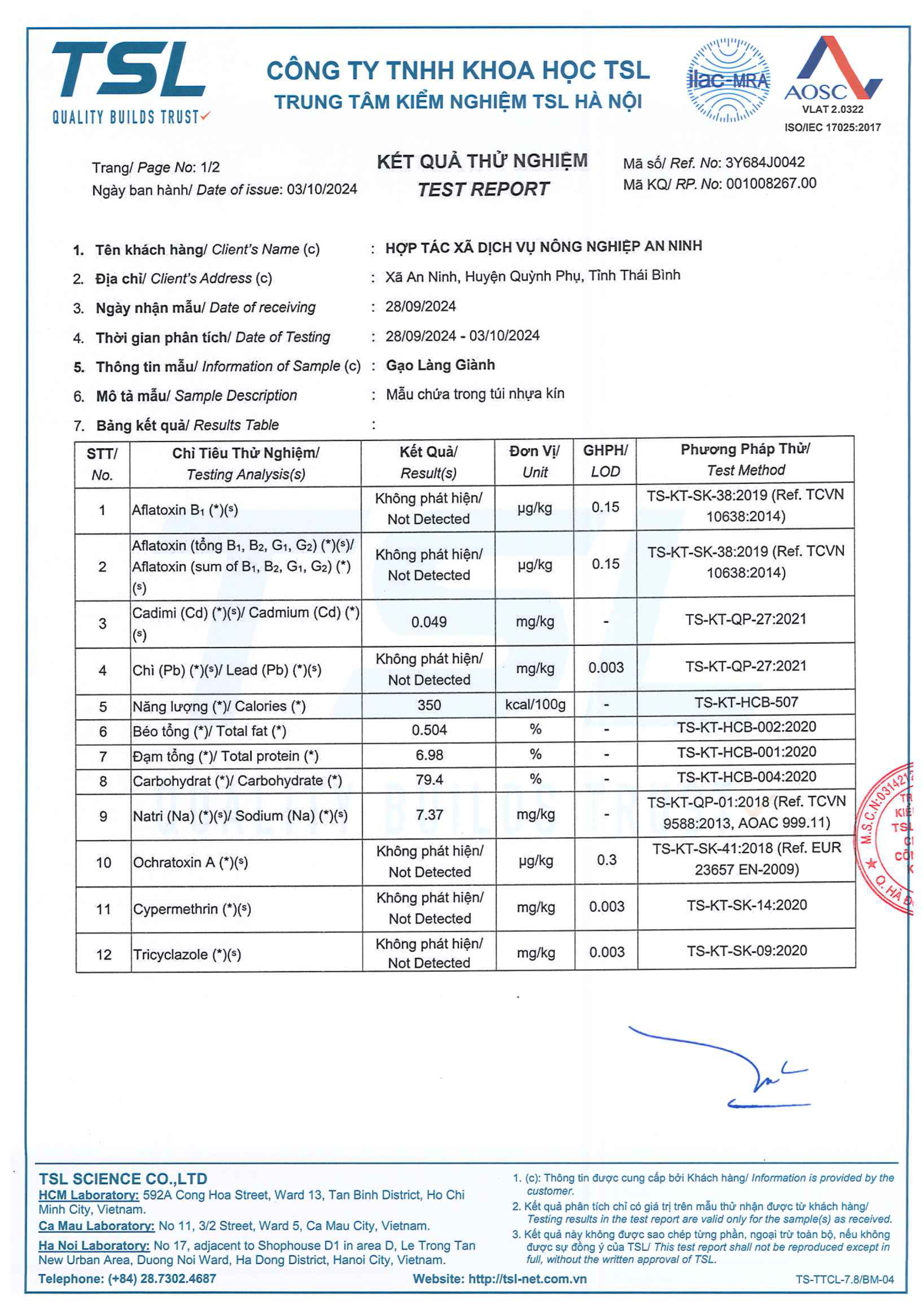 Phiếu kiểm nghiệm Gạo Làng Giành-1