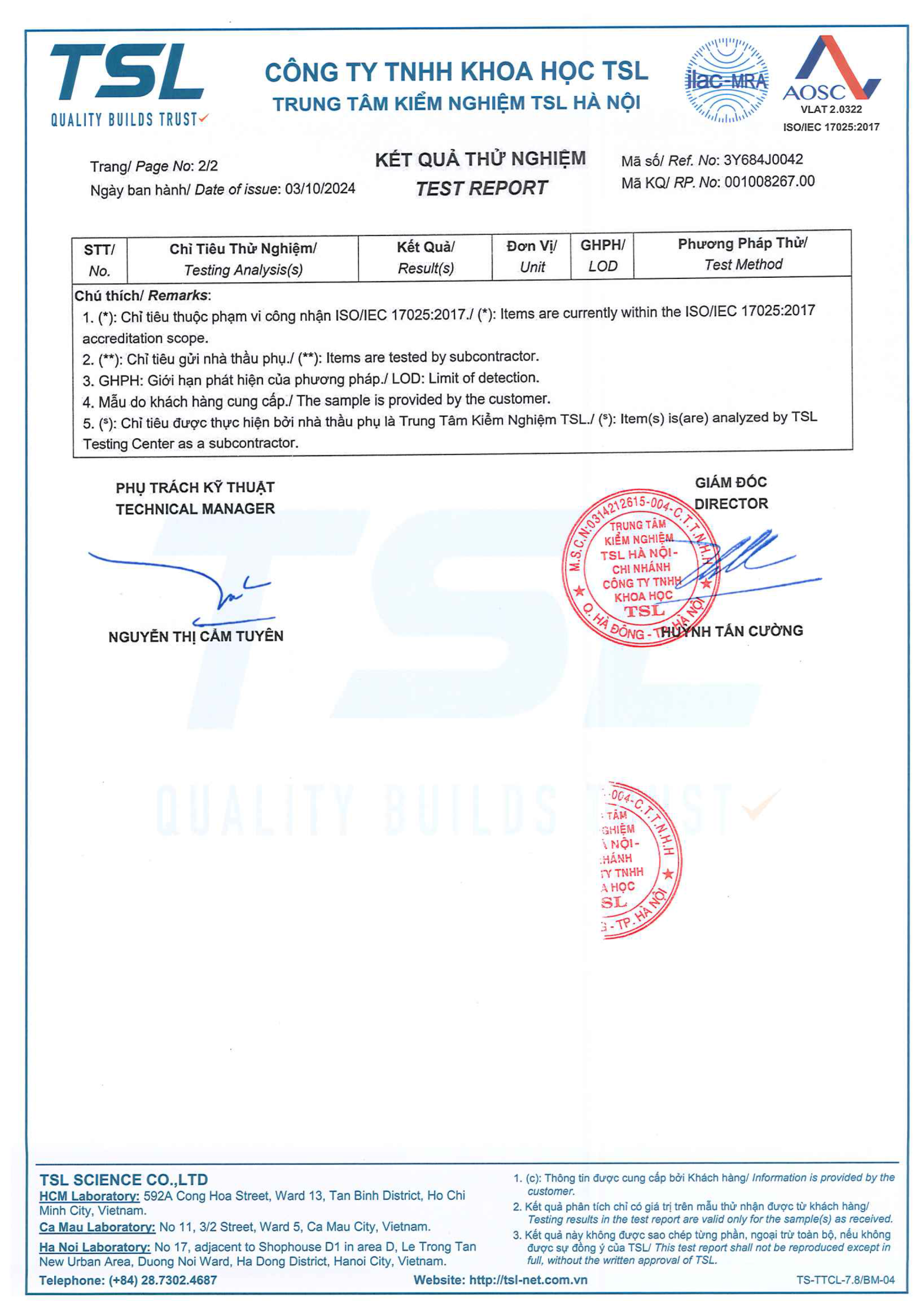 Phiếu kiểm nghiệm Gạo Làng Giành-2